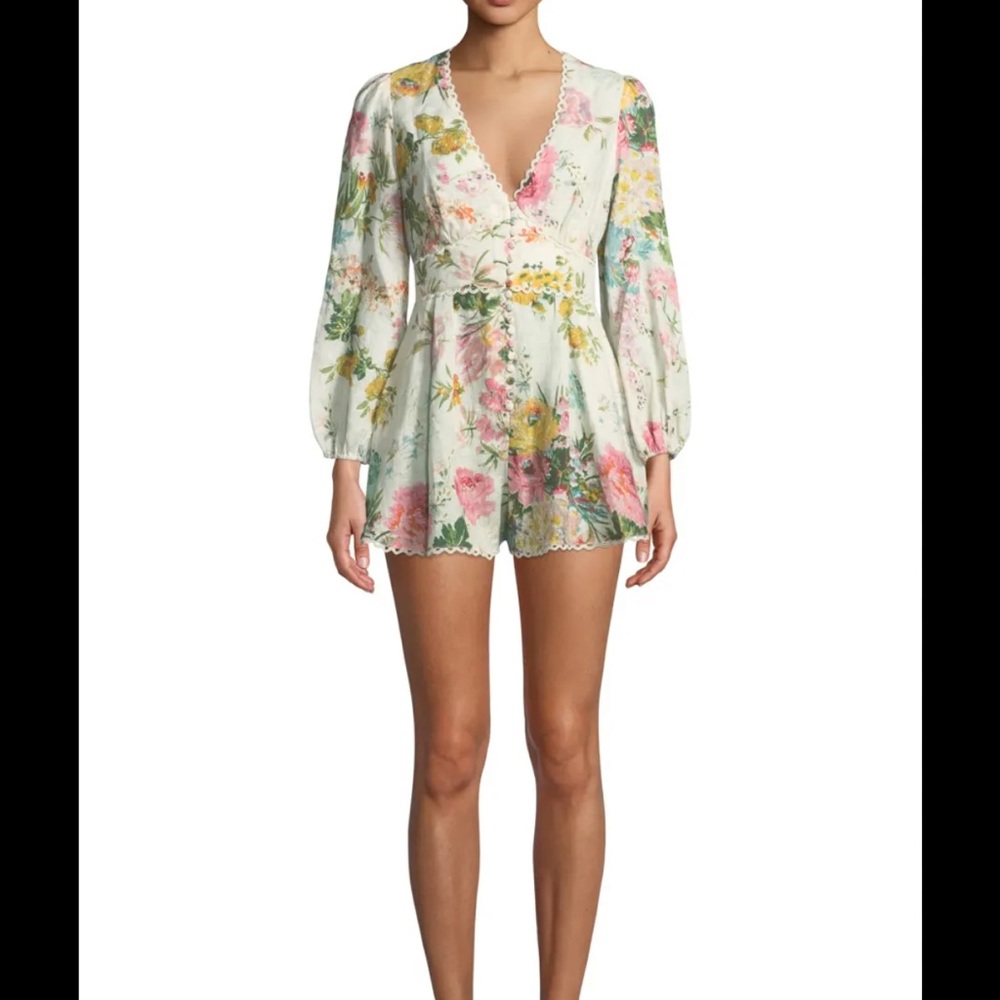 Zimmermann Floral V-Neck Long Sleeve Romper in White with Pink & Yellow Accents